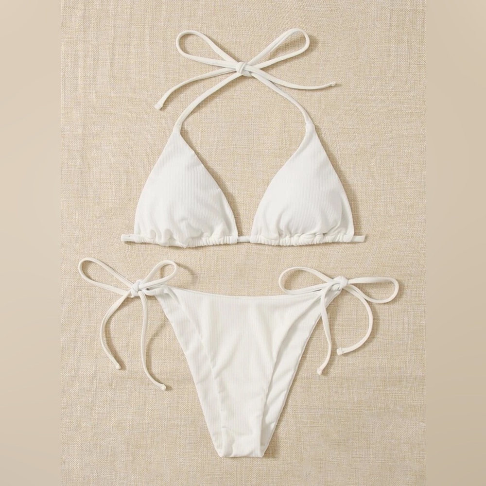 NEW Shein Solid Halter Triangle Tie Side Bikini Swimsuit Set White Medium